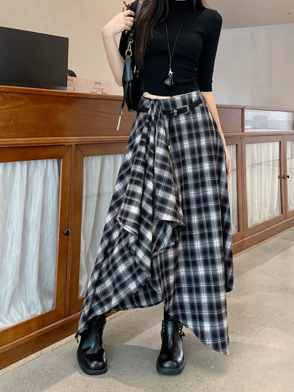Qiukichonson Long Skirts Women Woolen Skirt 2025 Goth Autumn Winter High Waist Ruffles Asymmetrical Plaid Skirt Maxi With Belt.