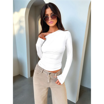 Women's Off Shoulder Tops Dressy Long Sleeve Asymmetrical Slim Fit Going Out Fall Blouse Ruched Shirts.