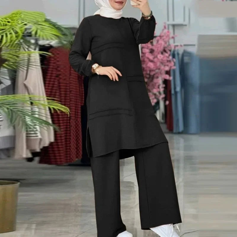 Ramadan Two Piece Sets Shirt Dress &Pants Women Muslim Suits Shirt Blouse Musulman Ensembles Moroccan Kaftan Islamic Dress Sets.