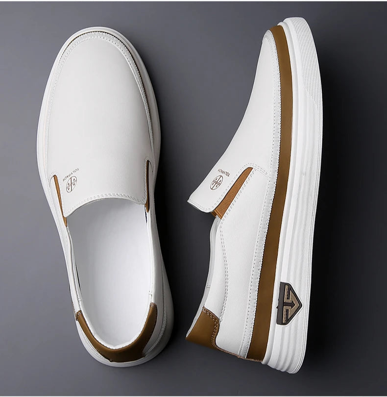 New 2025 Men's Genuine Leather Casual Sneakers Spring Summer Fashion Slip-On White Shoes Soft Sole Comfortable for Everyday Wear.