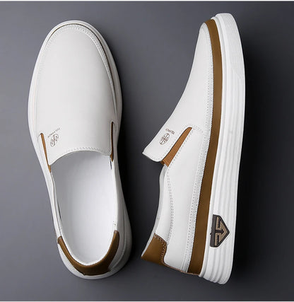 New 2025 Men's Genuine Leather Casual Sneakers Spring Summer Fashion Slip-On White Shoes Soft Sole Comfortable for Everyday Wear.