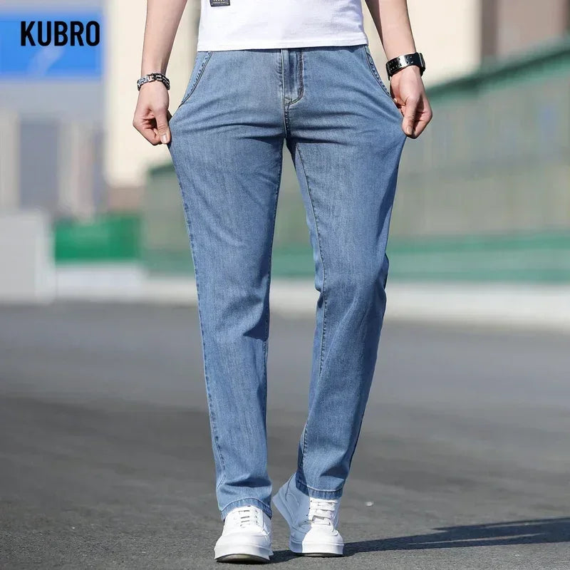 KUBRO 2024 Summer New Men's Loose Stretch Gray Jeans Fashion Casual Stretch Straight-leg Denim Pants Male Light Blue Brand.