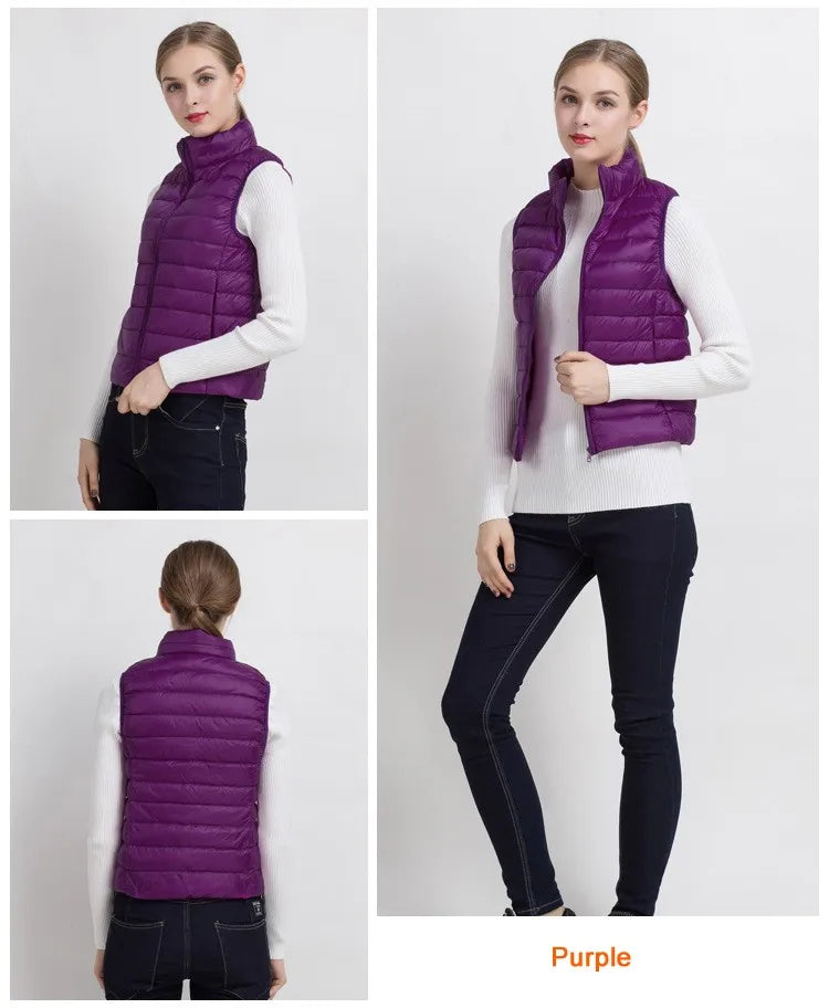 0-10 ℃   Frauen Westen Herbst Winter Ultra Licht Ente Unten Weste Weibliche Dünne Ärmellose Jacke Winddicht Warme Puffer Weste 4XL
