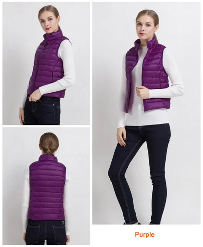 0-10 ℃   Frauen Westen Herbst Winter Ultra Licht Ente Unten Weste Weibliche Dünne Ärmellose Jacke Winddicht Warme Puffer Weste 4XL