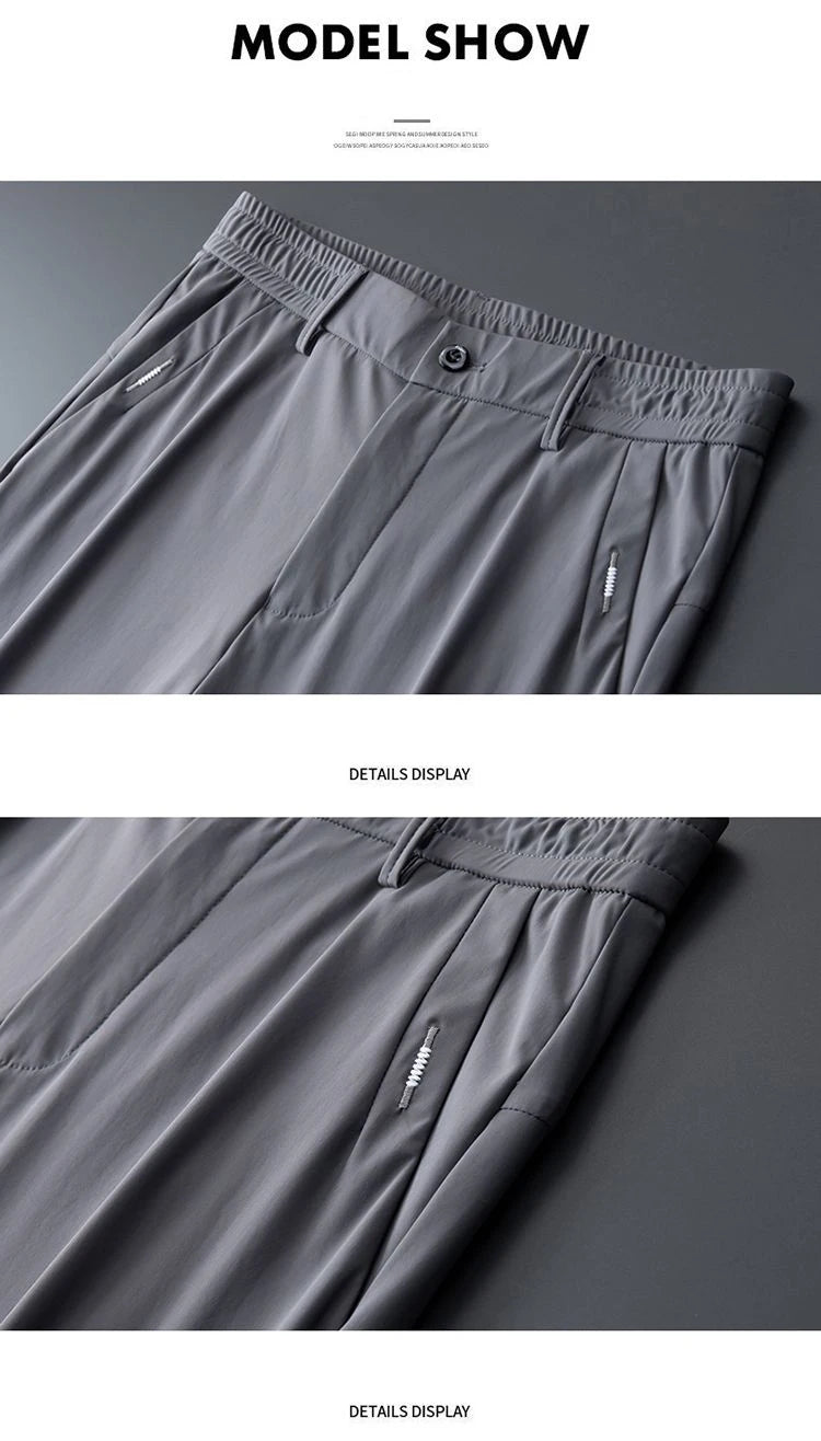 Ultra-thin Elastic Men's Casual Trousers Summer Quick-drying Ice Silk Slim Straight Business Solid Color Trousers Black Gray