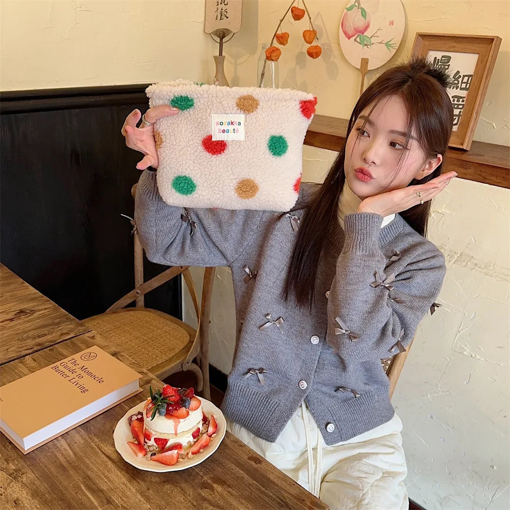 New Colorful Striped Dot Plush Clutch Cosmetic Bag Large Capacity Makeup Pouch Toiletries Bag Travel Outdoor Makeup Storage.