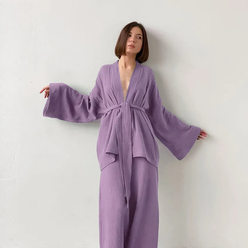 NHKDSASA Kimono Pajamas 2023 New 100% Cotton Crepe Long-Sleeved Trousers Ladies Sleepwear Suit Women's Home Service Mujer