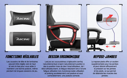 Daccormax Ergonomischer Gaming-Stuhl mit Fußstütze, Liegestuhl 170 ° , Rennstuhl aus PU-Leder mit Lordosenstütze und Kopfstütze