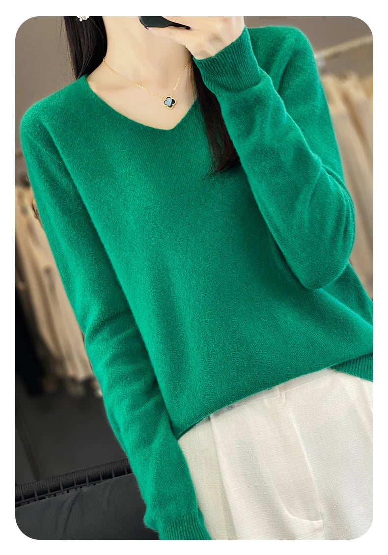 Women 100% Merino Wool Sweater V-Neck Basic Pullover Autumn Winter Cashmere Clothing Long Sleeve Soft Knitwear Tops Solid Color