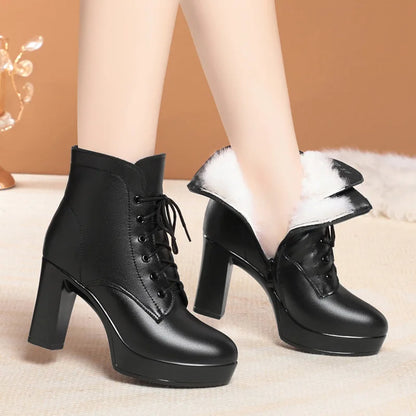 WOIZGIC Laides Women's Female Genuine Leather Ankle Boots Winter Autumn Fur Plush Wool Warm High Heel Motorcycle.