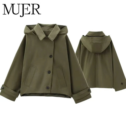 MUJER Damen-Trenchcoat mit Kapuze, langärmelig, Damen-Windjacke, neu in Mänteln und Jacken für Damen, Wintermäntel, Damen-Trench.