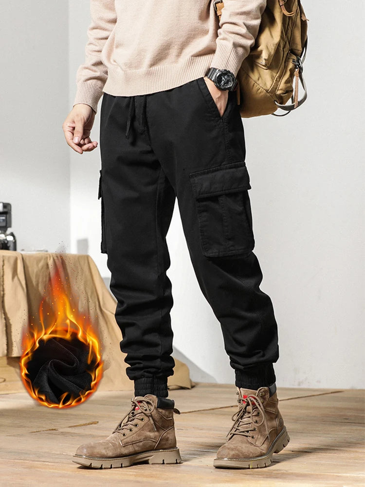 2024 New Winter Cargo Pants Men Multi-Pockets Drawstring Fleece Liner Thick Warm Overalls Joggers Casual Cotton Thermal Trousers