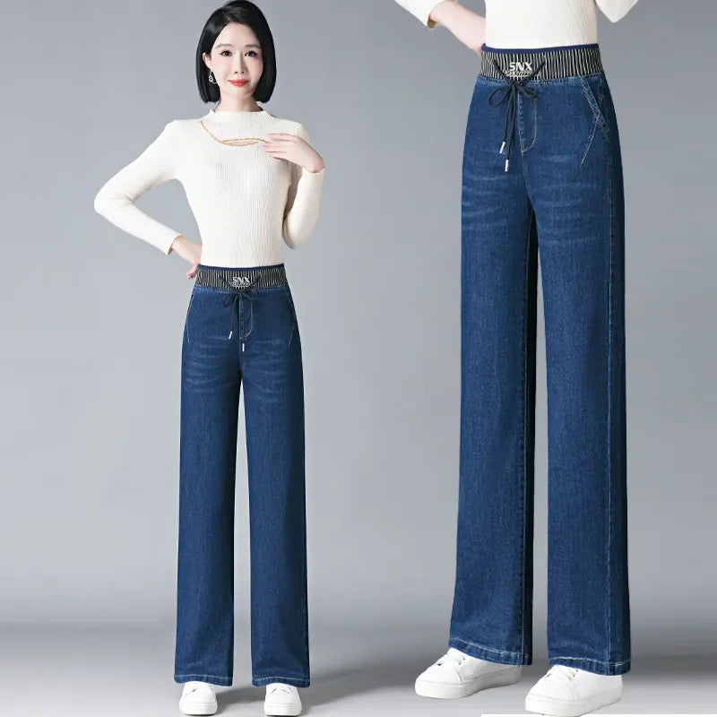 Women Elastic High Waist Straight Jeans Winter Warm Thicken Baggy Velvet Lined Wide Leg Denim Pants Korean Casual Vaqueros New.