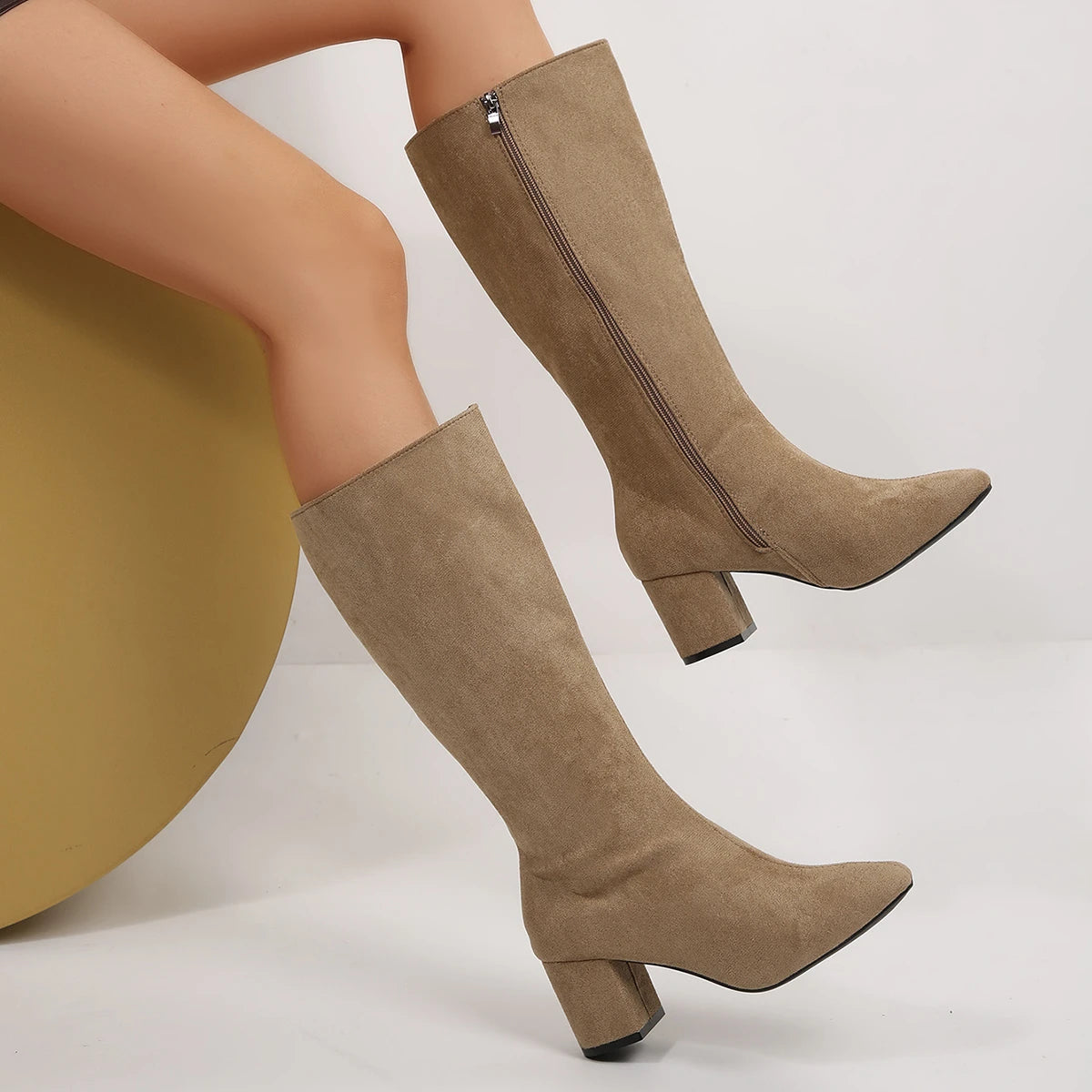 Women Boots Autumn Winter Elastic Slimming Knee-High Boots Fashion Pointed Toe Thick Heel Shoes Woman Side Zipper Casual Botas