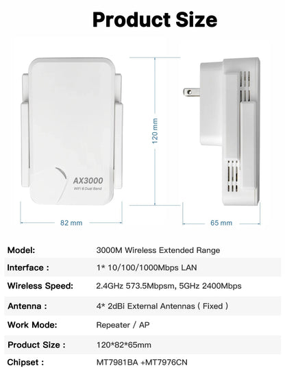 WIFI6 AX3000 Gigabit Wireless Repeater Router Dual Band 2.4/5Ghz Signal Booster 4 High-gain Antenna Long Range Amplifer for Home.