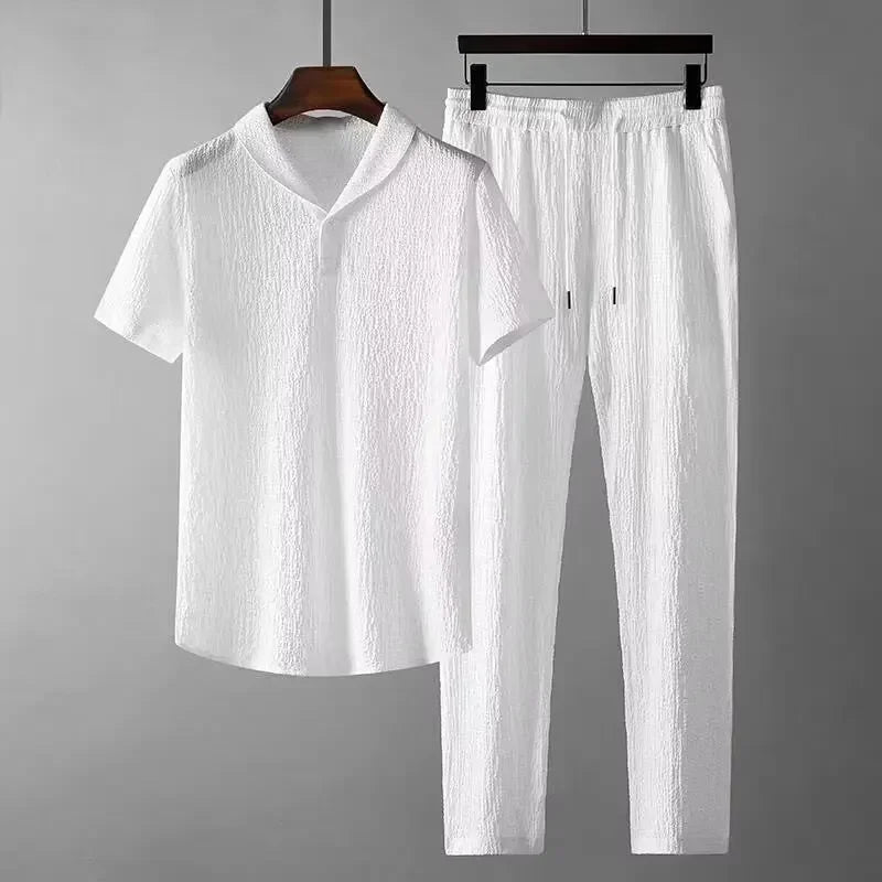 Summer Hot Sale Of The Season Men's Casual Sports Suit Thin Short Sleeve Qingguo Collar Two-Piece Set Loose Fit Comfortable Brea.