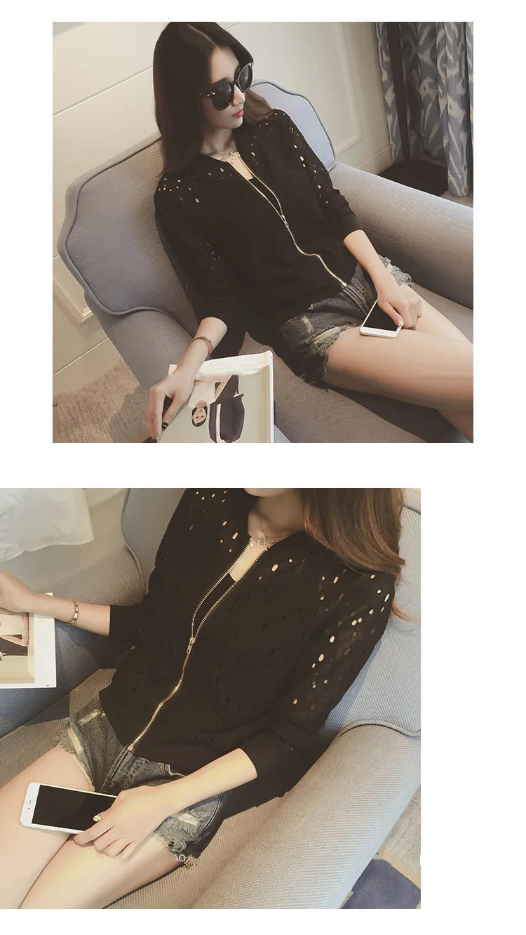 Women Spring/Autumn Cotton Lace Hollow Out Sport Jacket Long Sleeve Thin Sunscreen Outerwear Short Style Breathable Bomber Coats.