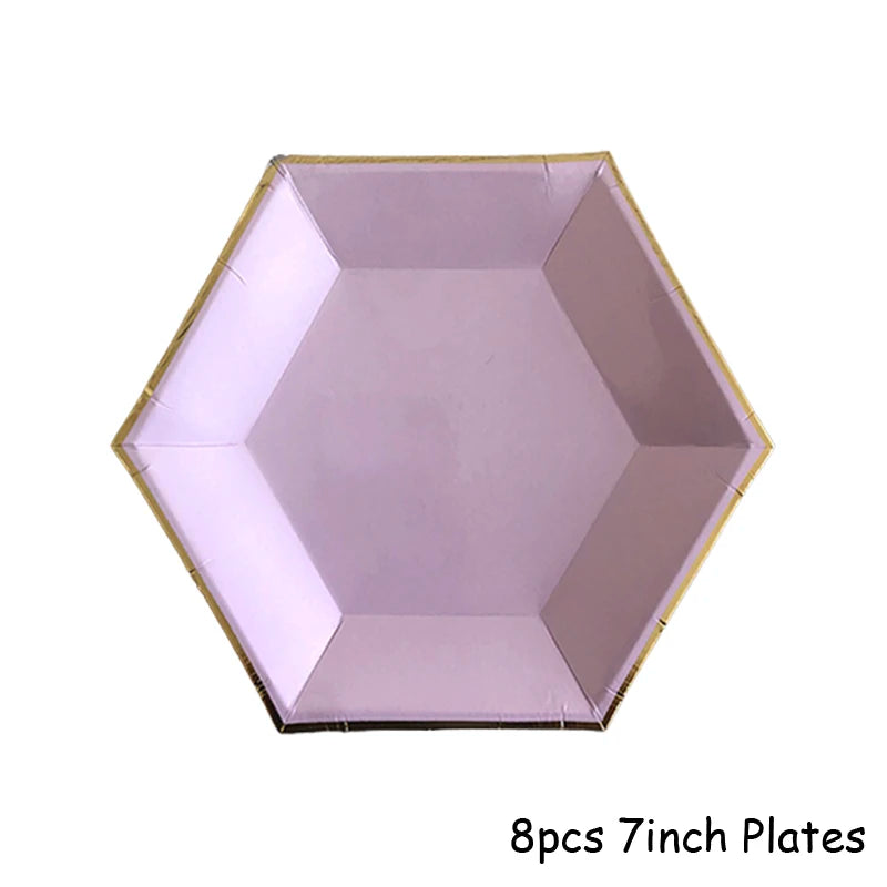 Purple Gold Party Paper Cup Plate Straw For Birthday Carnival Kids Favors Wedding Decor Disposable Tableware Party Supplies.