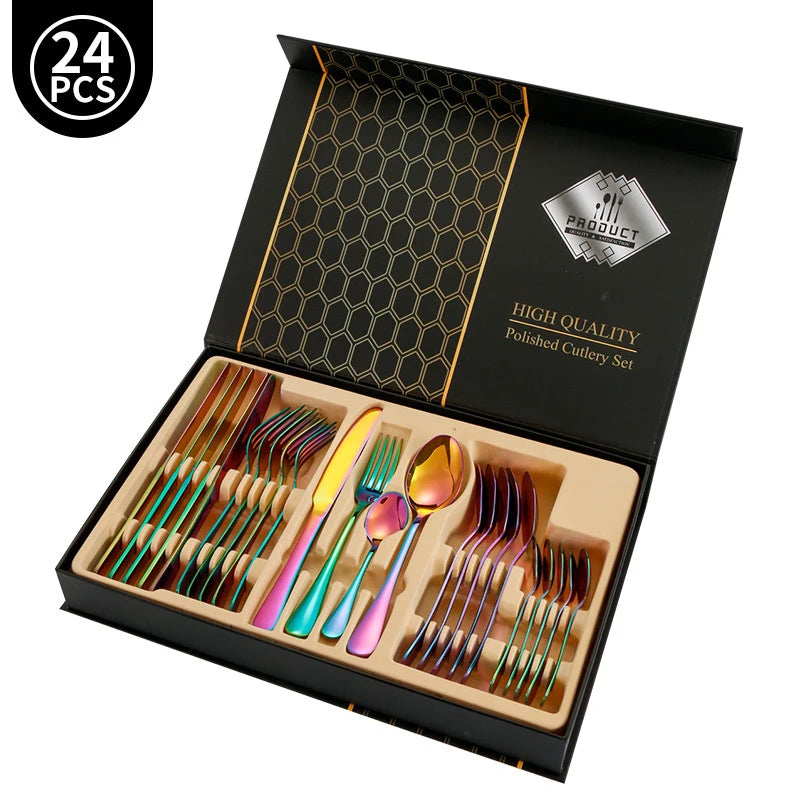 24pcs Golden Tableware Set Light Luxury Stainless Steel Cutlery Fork Knife Spoon Dinnerware Set Minimalist Decor with Gift Box