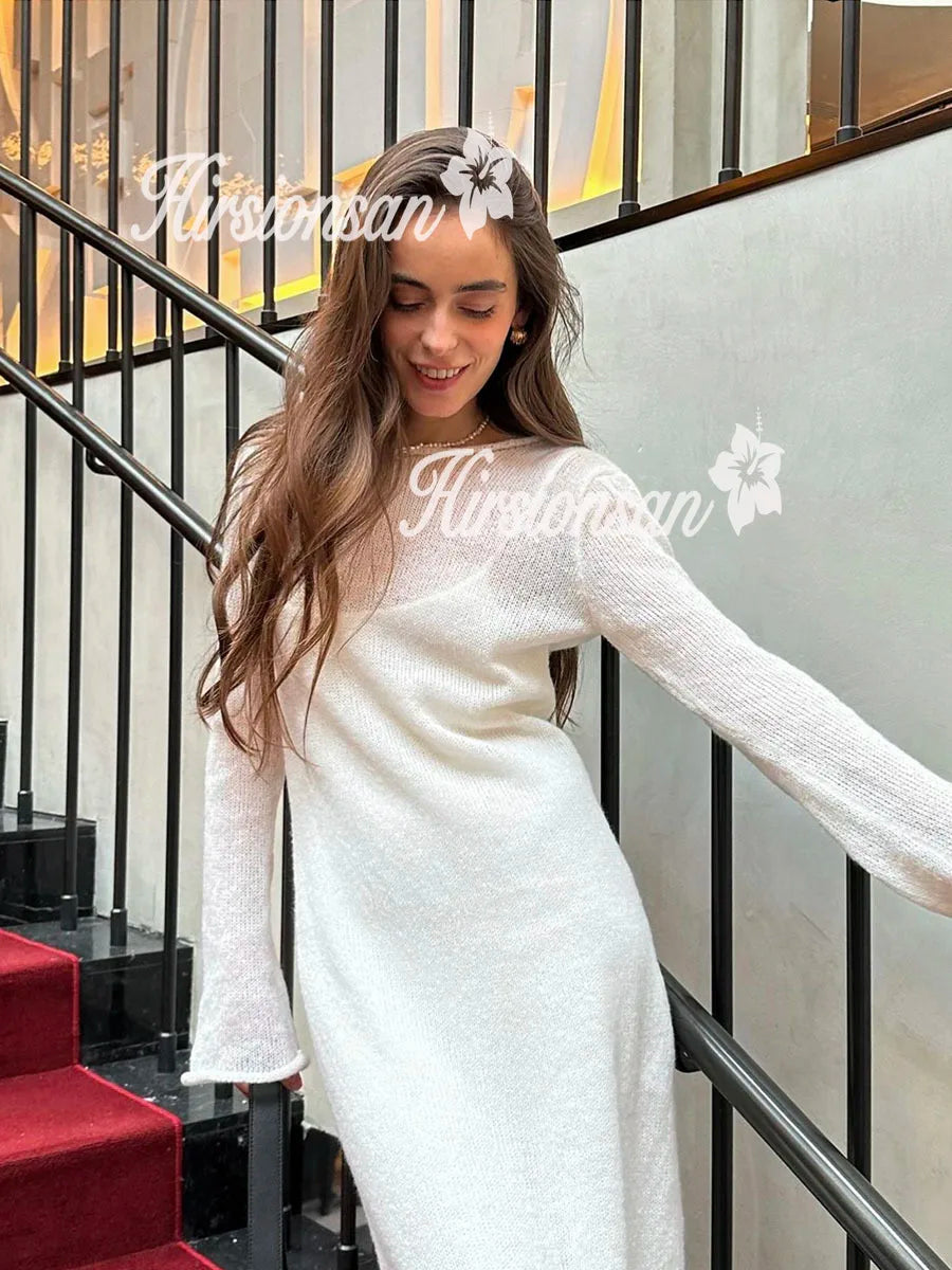 Hirsionsan Frühling Herbst Oansatz Elastische Stricken Lange Kleider Frauen 2024 Elegante Chic Weiche Dame Aushöhlung Pullover Kleider Femme Neue.