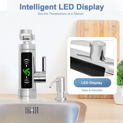3000W Electric Instantaneous Hot Water Tap LED Stainless Steel Faucet with Digital Display Bathroom Kitchen Cold Heating Faucet