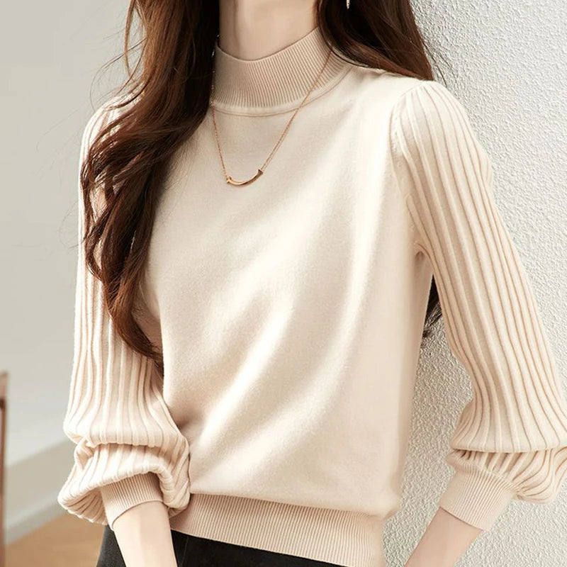 Women Half High Collar Base Sweater Autumn And Winter Casual Solid Knitted Tops Pit Stripe Long Sleeved Pullover Sweaters.