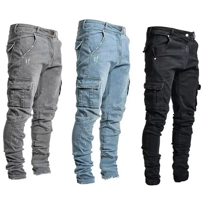 Men Casual Pencil Jeans Male Elastic Multi Pocket Small Slim High Street Denim Pants Wash Solid Color Mid Waist Cargo Jeans.