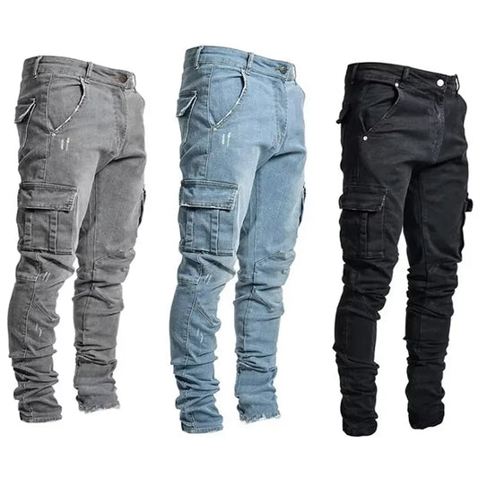 Men Casual Pencil Jeans Male Elastic Multi Pocket Small Slim High Street Denim Pants Wash Solid Color Mid Waist Cargo Jeans.