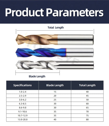 TOOLEYE Hartmetallbohrer Hartmetallbohrer Wolframstahl Spiralbohrer für Metallbearbeitung CNC-Drehmaschine Bohrwerkzeuge 1,0–20,0 mm