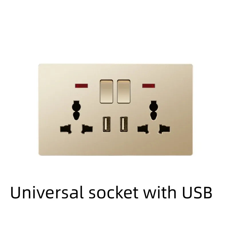 UK Standard 13A Gold USB Stecker Wandsteckdose Lichtschalter, 220V Universal 6-Loch-Doppelsteckdose mit 2,1A USB-Ladeanschluss