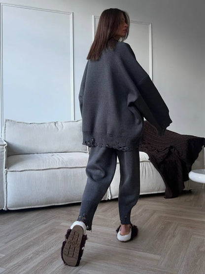 Two Piece Ripped Set Women Knit Tracksuits O Neck Long Sleeve Casual Baggy Sweatshirts+ Joggers Pants Outfits 2025 Fall Winter