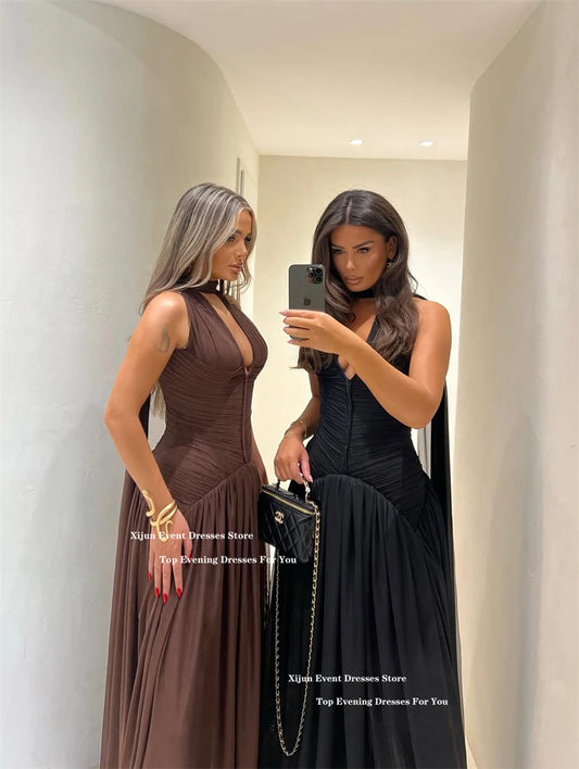 Xijun Moderne Chiffon-lange Abendkleider, Neckholder, ärmellos, A-Linie, Ballkleider, V-Ausschnitt, formelle Anlässe, Ballkleider, individuell gestaltet