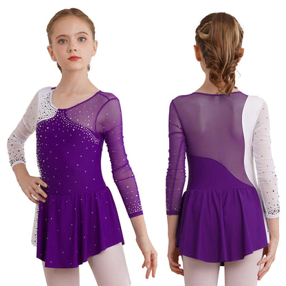 6-16Y Mädchen Eiskunstlauf Tanz Kleid Ballett Gymnastik Trikot Langarm Shiny Strass Sheer Mesh Leistung Dancewear