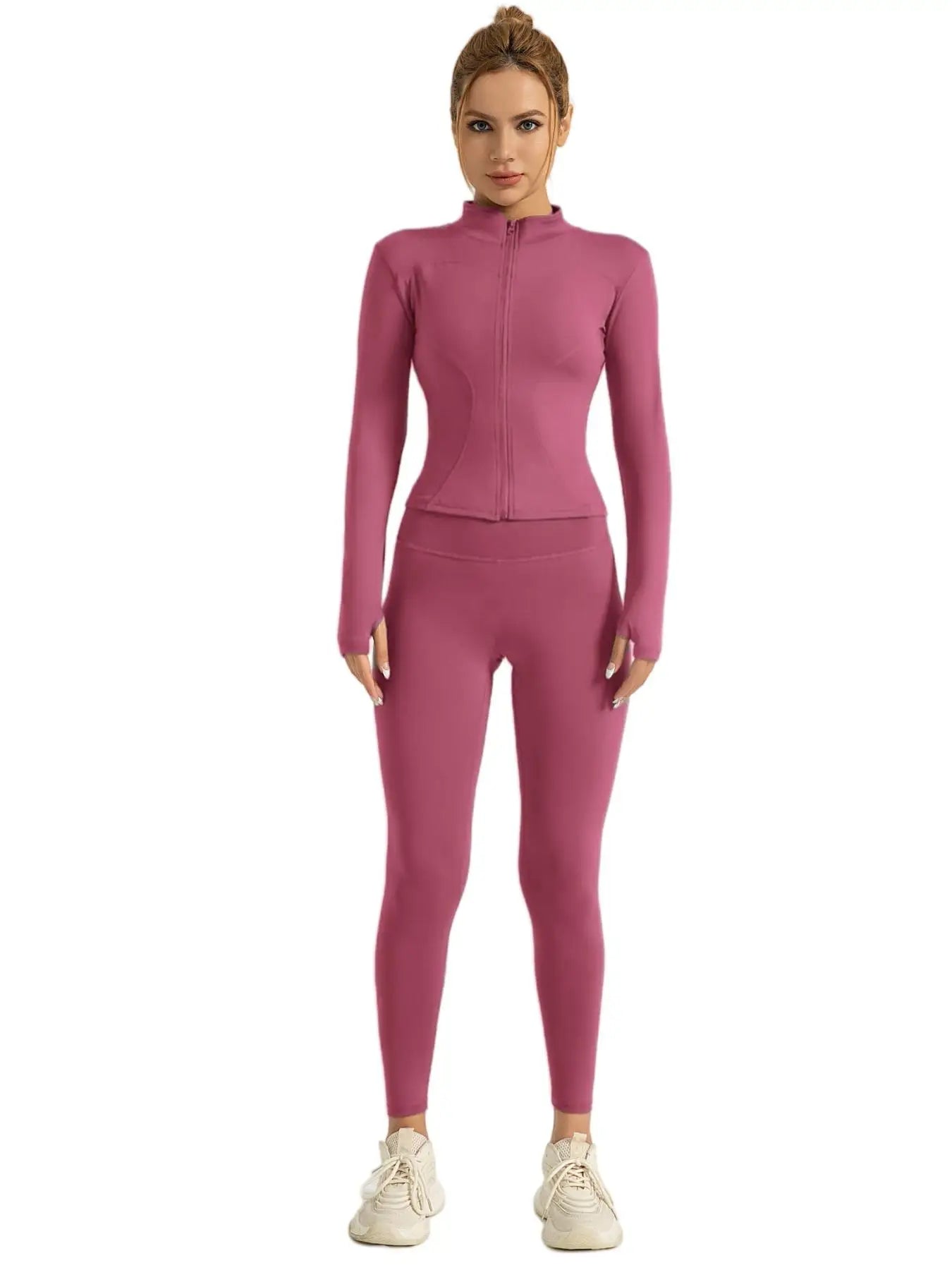 Fitfemme Two-piece Set Women's Solid Zip UpMock Neck Sports Jacket & HighWaist Leggings Set, SportyBreathable Quick Drying.