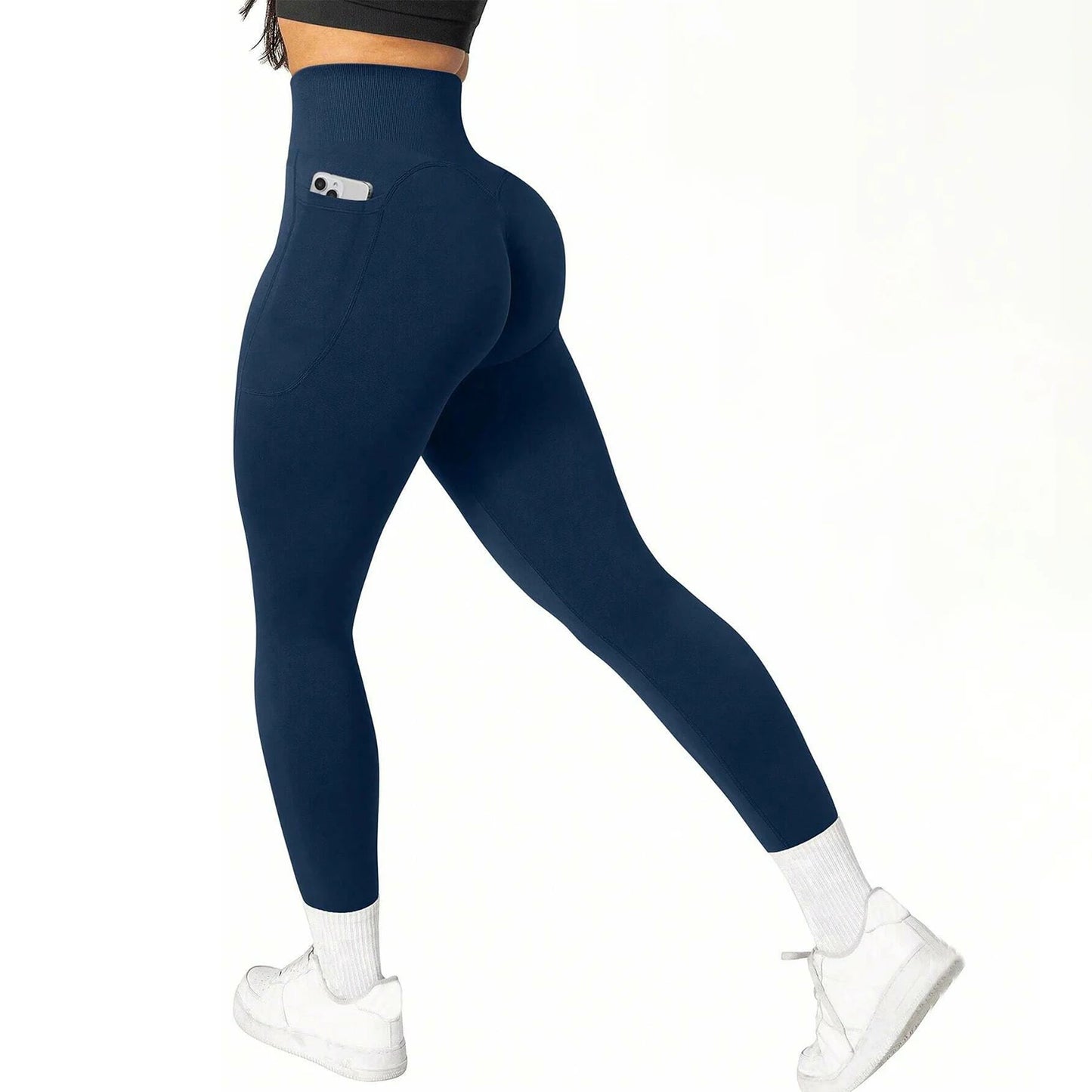 High Waisted Seamless Yoga Pants Butt Lifting Booty Sculpting Gym Leggings with Side Pockets Sexy Workout Tights for Women.