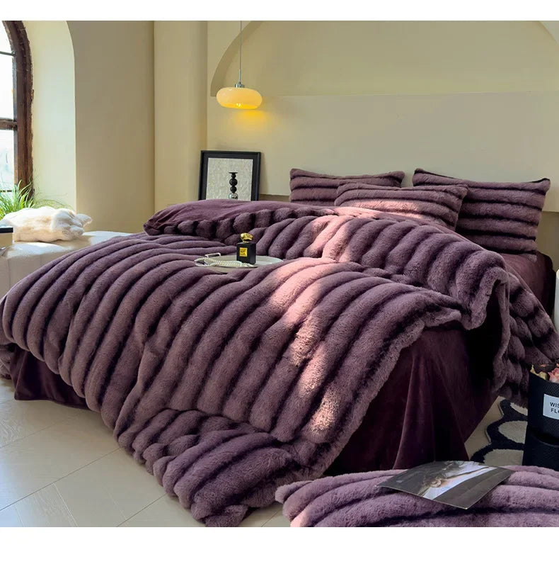 2024 new rabbit velvet milk velvet thickened rabbit fur warm four-piece set, 1.5m 1.8m bed sheet four-piece set.