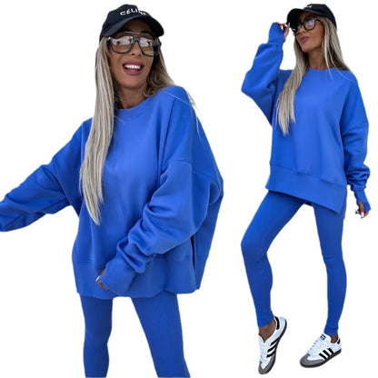 Women Pant Sets Two Pieces Tracksuit Solid Loose Sweatshirts Split Pullover Pencil Pants High Street Autumn Winter 2024.