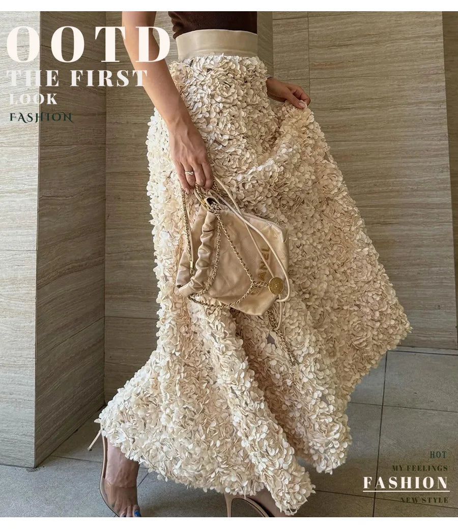 Bornladies Winter Red Fashion Long Petal Skirt Women's Design Inspired Evening Gown Elegant Lady Unique High Waisted Skirt.