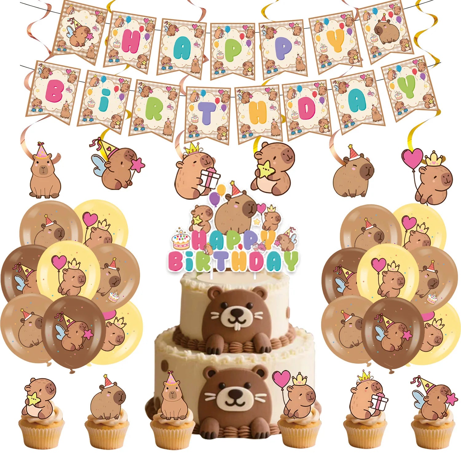 Capybara-Kuchenaufsatz, niedliche Tier-Cupcake-Dekorationen für Kinder, alles Gute zum Geburtstag, Partyzubehör, Capybara-Mottoparty-Dekorationen.