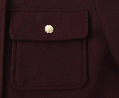 ZBZA Women's Retro Wine Red Cropped Jacket Stand Collar Long Sleeve Buttoned Epaulettes Patch Pocket Coat Fall Winter New Jacket.