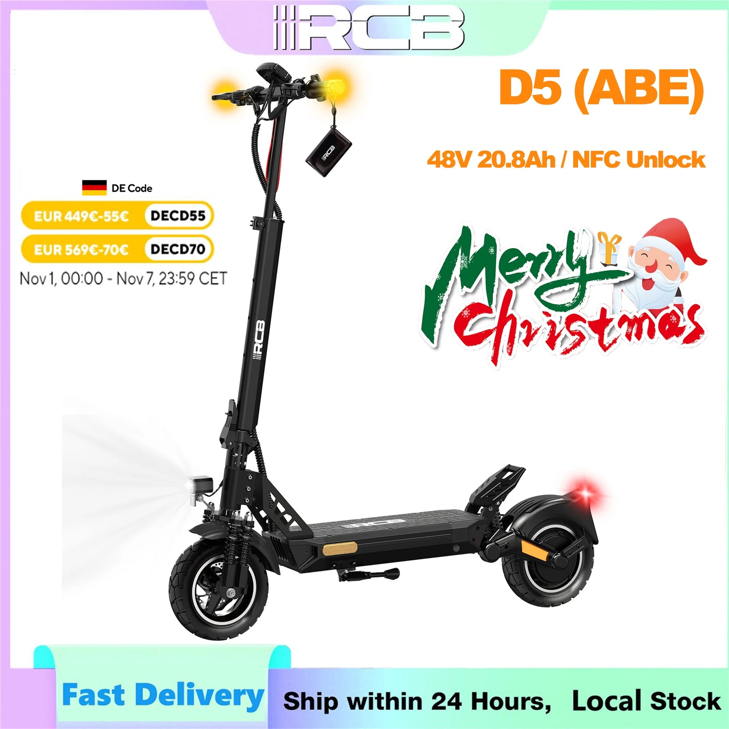 RCB Electric Scooter D5/D5 PRO ABE (premium version), NFC/Indicator/APP, 500W Motor Peak 1600, 10" Commuting E Scooter for Adult.