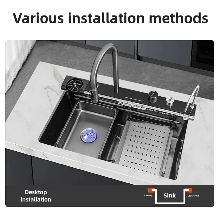 Stainless Steel Kitchen Sink Waterfall Faucet Large Single Sink Intelligent Dishwasher Sink Digital Display and Light Effects