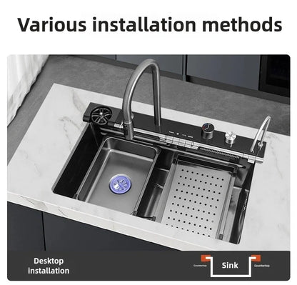 Stainless Steel Kitchen Sink Waterfall Faucet Large Single Sink Intelligent Dishwasher Sink Digital Display and Light Effects