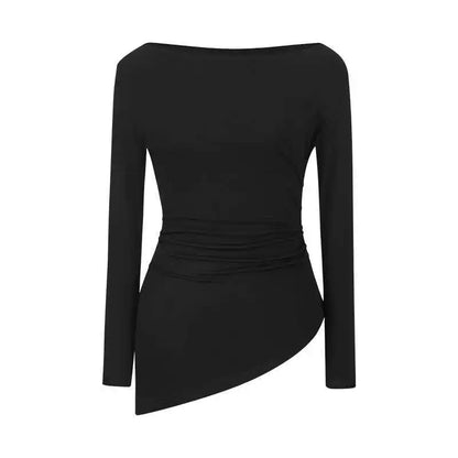 Sexy Long Sleeve T-Shirt Shoulder Bared Waist Cinched Slim Fit Knitted Cotton Solid Color Casual Urban Style for Early Autumn