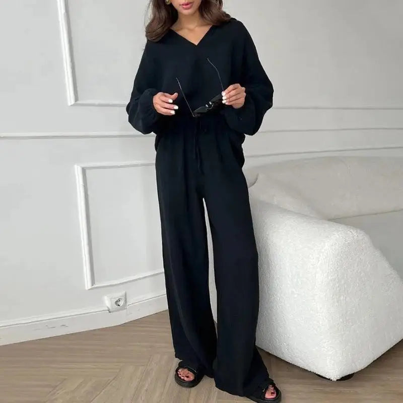 Women's Suit Solid Color Casual Loose 2025 Elegant Spring And Summer Fashion New Long-sleeved Lapel Top + Drawstring Pants Suit