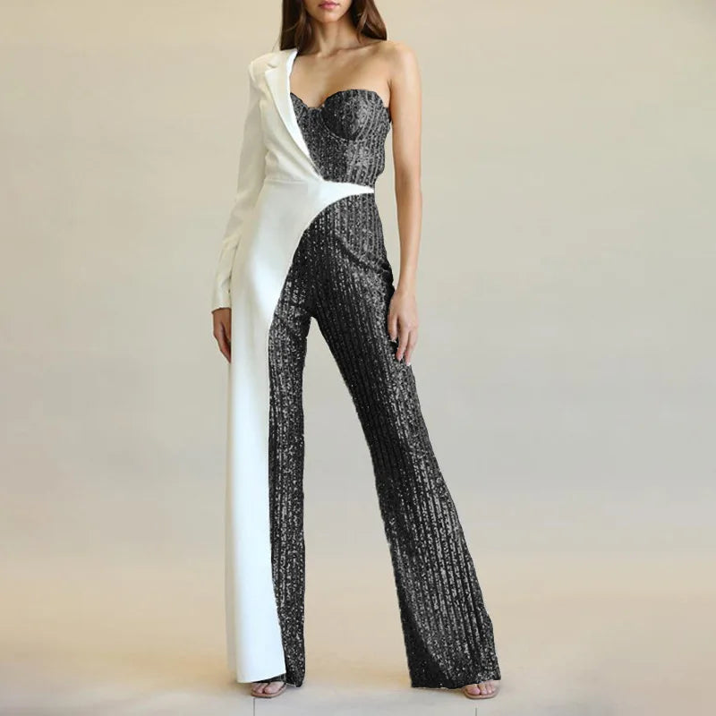 CM.YAYA Women One Long Sleeve Strapless Sequined Blazer Wide Leg Jumpsuits 2025 Evening Party One Piece Set Romper Playsuit.