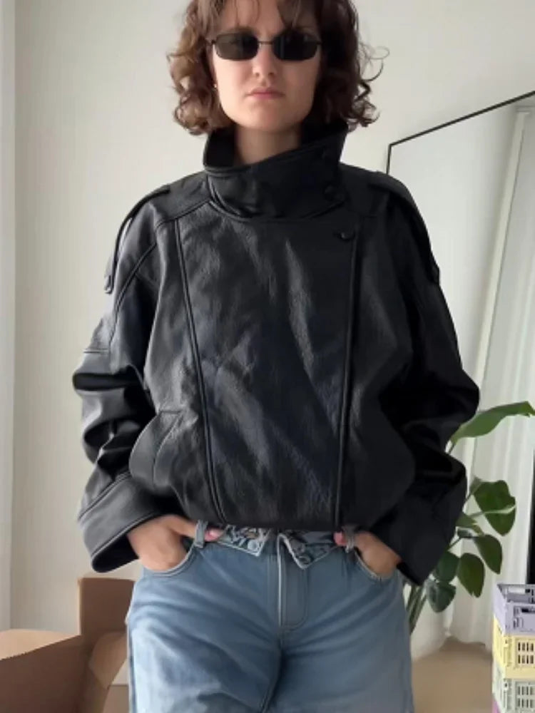 Street PU Leather Loose Jacket Women Fashion Solid Full Sleeve Stand Collar Single Breasted Coats Female 2025 Autumn Lady Coat.