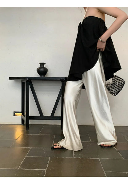 Satin Wide Leg Pants Long Floor Casual Pants Women's Summer.
