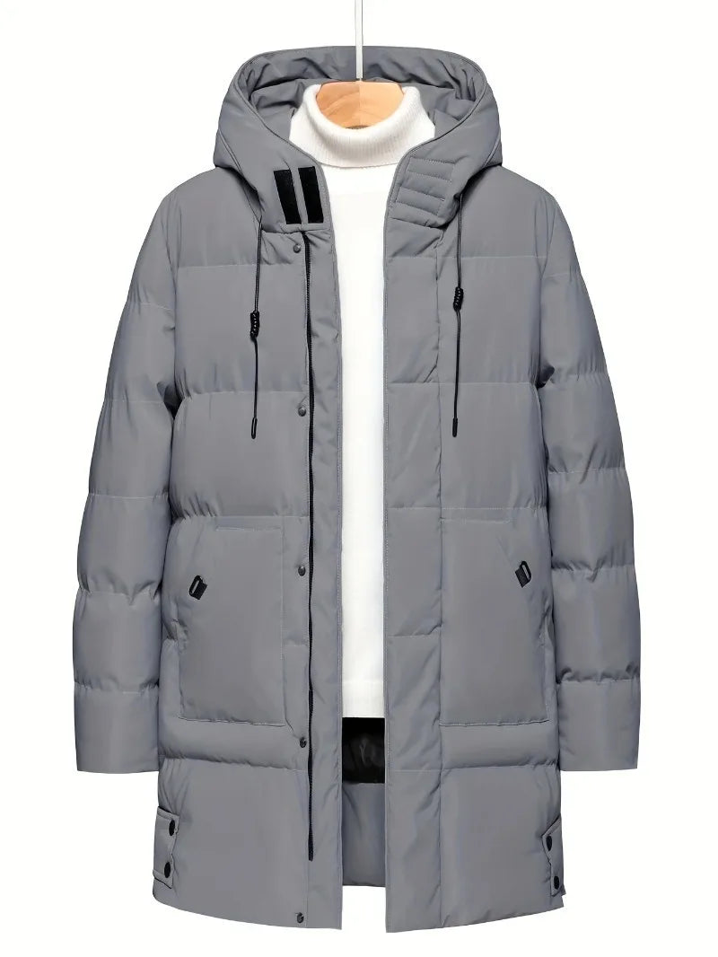 Men'S Heavyweight Winter Coat Windproof Cold Weather Jacket with Full-Length Zipper, Hooded Long Formality, Large Front Pockets.
