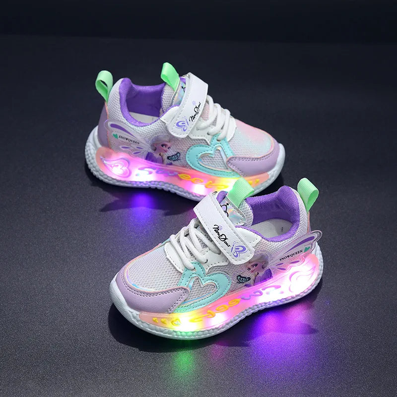 Disney Children Led Shoes Kids Girls Sneakers Frozen Elsa Princess Lighting Shoes Pink Purple Casual Sports Shoes Size 21-31.